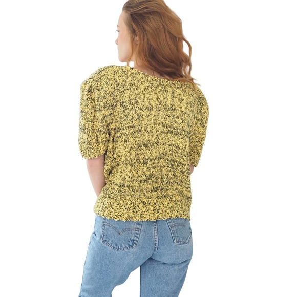 80s Vintage Knit Short Sleeve Yellow Black Sweater Shoulder Pads Women's Size M - Picture 5 of 5